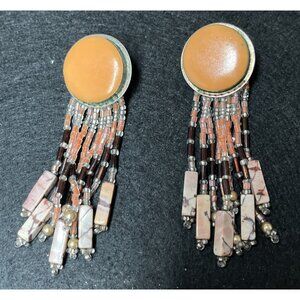 Vintage Sterling Silver Orange Moonstone Earrings Beaded Fringe 3" Signed